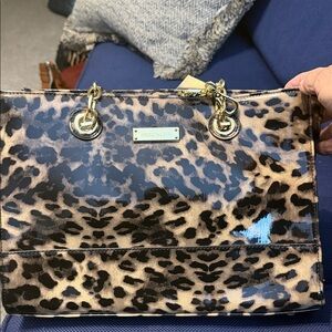 Anne Klein Leopard Patent Shoulder Bag in Black and Brown with Gold Hardware